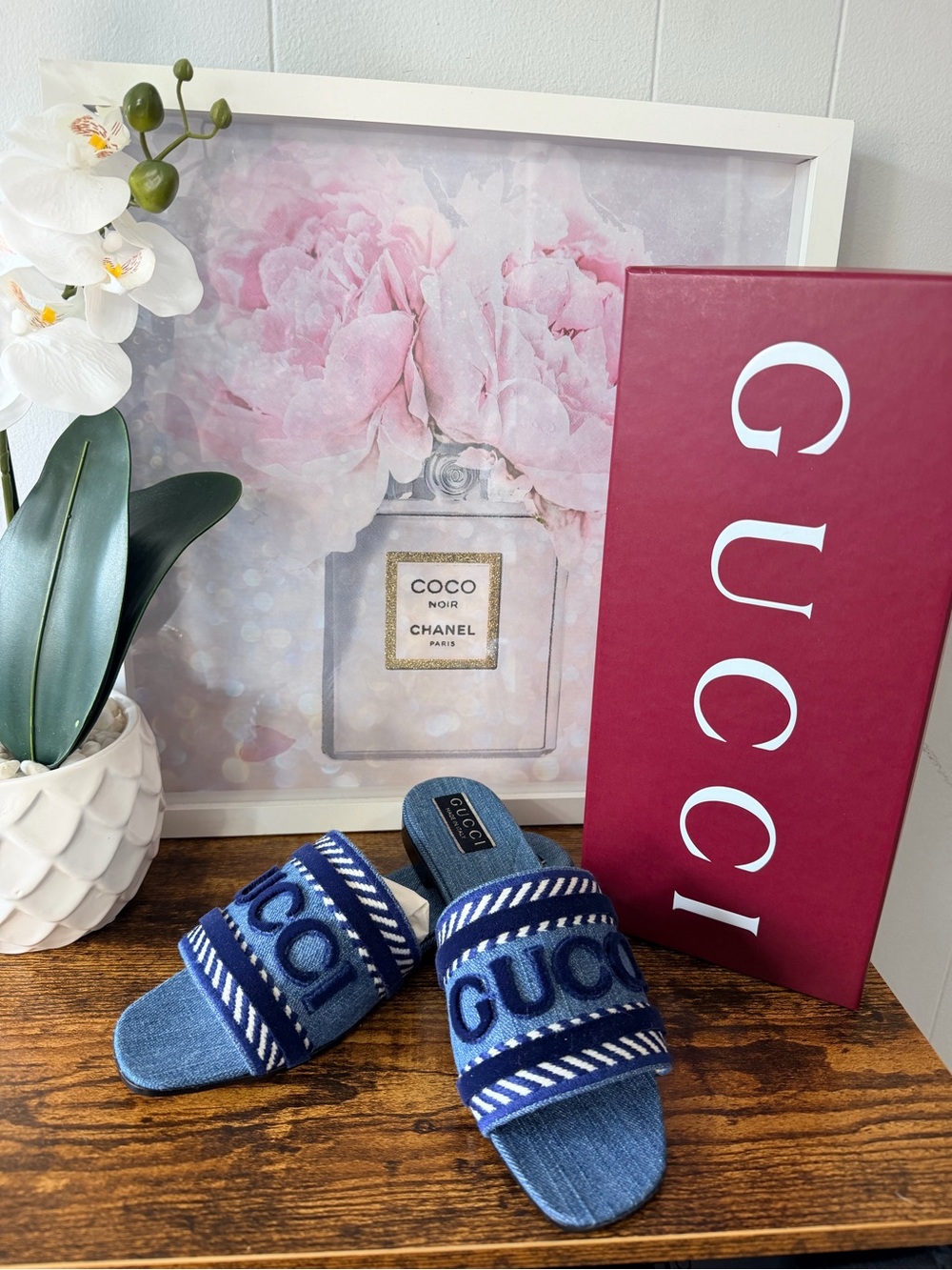 Gucci Denim Slide Sandals in Navy and White